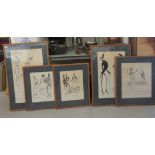 Five similar, framed, French cartoon figure studies  monochrome prints  largest 36" x 22"