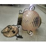 A pink vaseline, ribbed glass, spherical pendant lamp shade with brass and copper mounts  approx