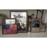 Six modern advertising and similar, framed, promotional mirrors  largest 19" x 15"