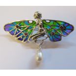A silver coloured metal, Art Nouveau inspired, plique a jour brooch, fashioned as a winged nymph