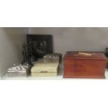 Collectable items: to include an inlaid, ebonised writing box  13"w; an impressed metal plaque,