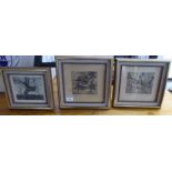 Three 1930s monochrome etching prints  bearing indistinct pencil signatures & text  largest 5" x 5.