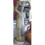 A composition stone terrace figure, a standing, robed classical maiden, holding aloft a basket  50"h
