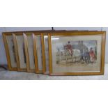After John Leech - a series of six Victorian hunting scenes  coloured prints  bearing text and