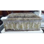 A pair of composition stone terrace planter, decorated with a frieze of figures  10"h  28"w