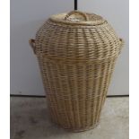 An Ali Baba vase type twin handled woven cane linen bin and cover  27"h