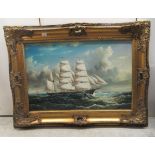 A 20thC Victorian style maritime scene, a triple mast sailing boat on choppy seas  oil on canvas