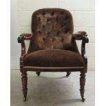 An early Victorian rosewood showwood framed open arm salon chair, part button upholstered in brown