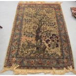 A Persian rug with a tree of life design, birds and flowers, on a beige ground  80" x 53"