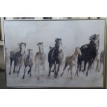 A modern printed canvas of galloping horses  25" x 36"  framed