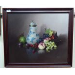 Fermore - a still life study, a vase and fruit on a table  oil on canvas  bears a signature  16" x