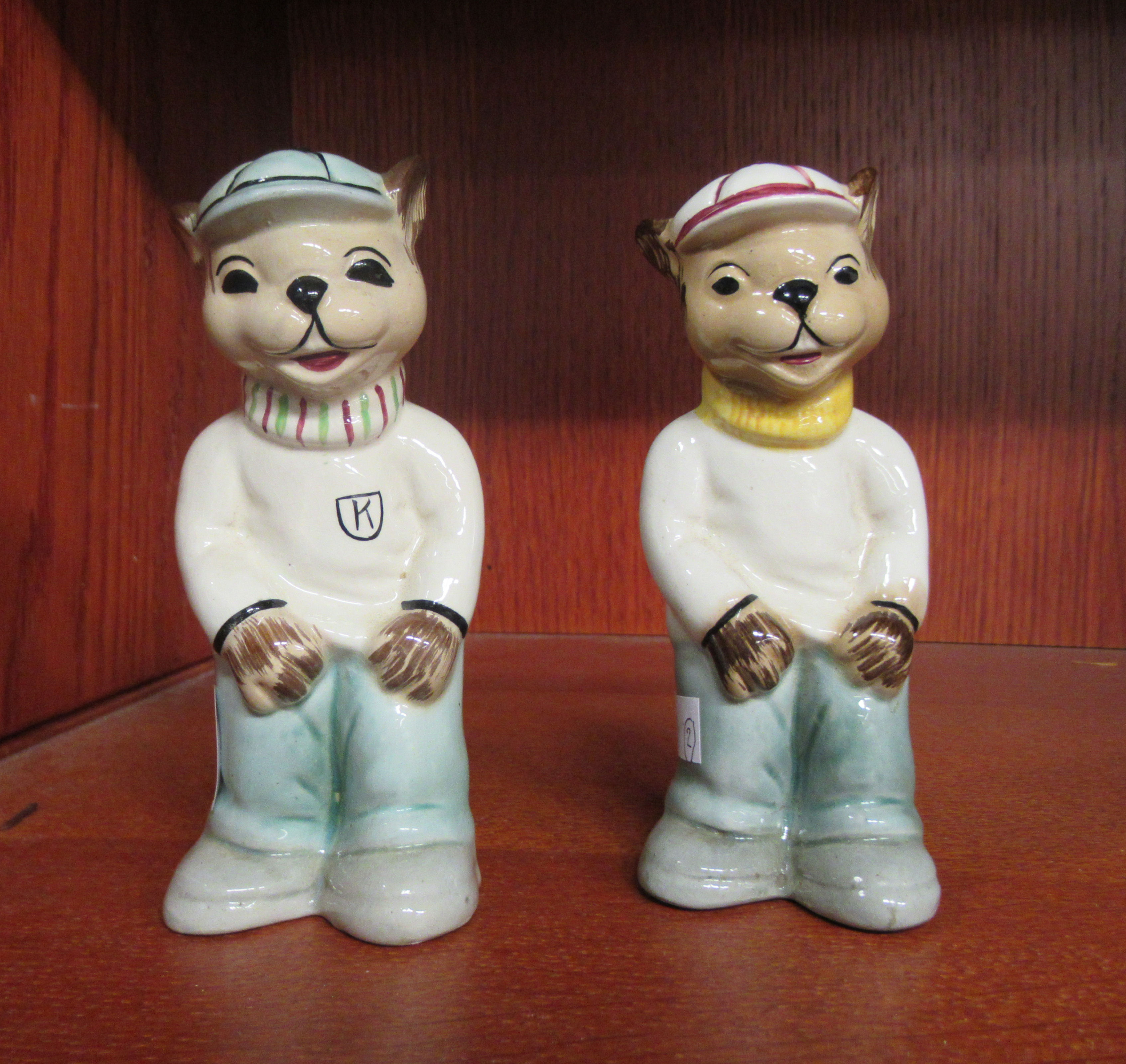 Two novelty Wheelman china salt and pepper shakers, fashioned as a casually dressed Chipmunks  6"h