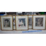 Framed coloured prints: to include reproductions of Gainsborough style figure studies: to include