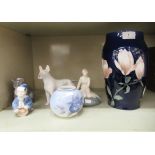 Royal Copenhagen porcelain collectables, viz. two vases  4"h & 12"h; two figures 3" & 5"h; and two