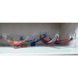 Five similar Murano coloured glass, gondola shape ornaments: to include red and blue examples  8"-