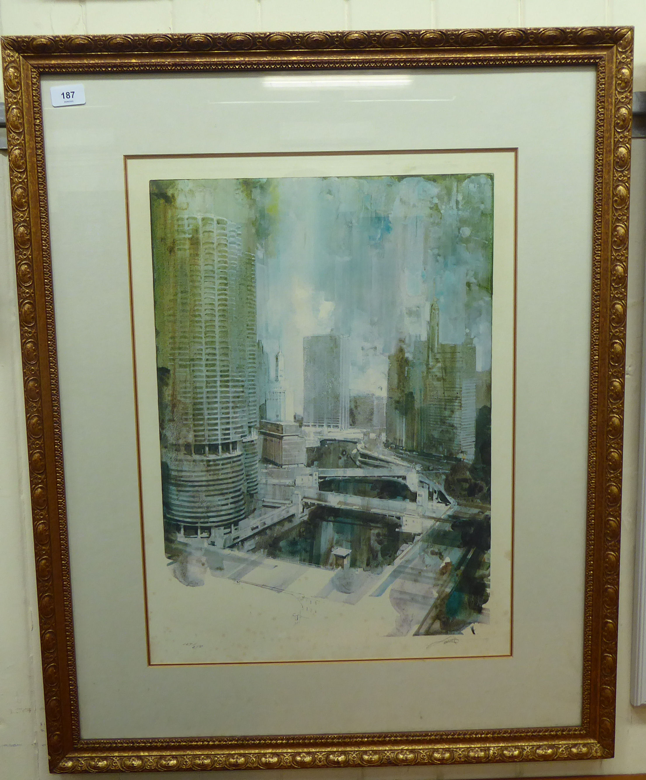 After Dan Lotts - a North American cityscape  Limited Edition 127/250 coloured print  bears a pencil