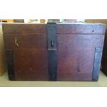 An early 19thC oak silver chest with wrought iron strapwork and a hinged lid  14"h  22"w