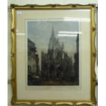 A 19thC Flemish cathedral with figures  engraving  bears an indistinct pencil signature  24" x