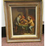 19thC Continental School - a tavern interior with three figures at a table  oil on board  7.5" x 6.