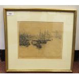 William L Wyllie - Tower Bridge on the Thames with Dutch eel-schuits moored at Billingsgate  etching