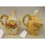 A pair of Royal Worcester blush ivory glazed and gilded china flatback jugs, decorated with mixed