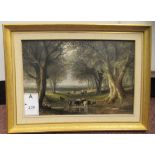 19thC British School - a woodland landscape with a lone figure and cattle watering by a pond  oil on