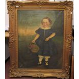 19thC British School - a full length studio portrait, a little girl wearing a blue dress, holding