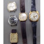 Five 1970s stainless steel and gold plated cased wristwatches: to include Timex and Lectro