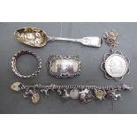 Silver collectables: to include a whisky decanter label and a charm bracelet  mixed marks