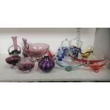 Glassware: to include three similar Murano coloured glass basket ornaments  5"-8"h; and a triform