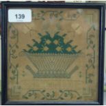 An 1846 sampler, depicting butterflies and foliate designs, worked by one Sarah Mitchell  6"sq