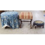Three 19thC stools: to include a walnut framed example with a tapestry upholstered top, raised on