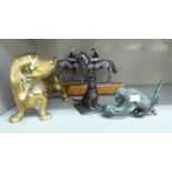 Cast metal model animals: to include a patinated bronze car mascot, fashioned as a monkey holding