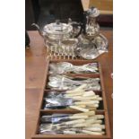 Silver plated tableware and cutlery: to include a Victorian style four piece tea set