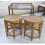 A pair of modern cane conservatory lamp tables, raised on turned legs  20"h  18"w; and a cane two