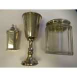 An early 20thC facet cut glass drum shape dressing table jar with a silver cover  3"h; a Russian