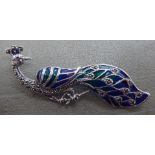 A silver plique a jour brooch, fashioned as a peacock, decorated with coloured stones  stamped 925