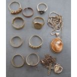 Gold jewellery: to include two 9ct gold signet rings; and a broken 22ct gold wedding ring