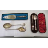 Silver flatware, viz. a pair of salad servers; a cake slice and a two piece Christening set