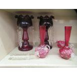 Glassware: to include a pair of late Victorian ruby coloured lustre vases with partial drops  10"h