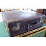 A mid 20thC moulded and stitched chocolate brown hide suitcase   7"h  20"L  14"w