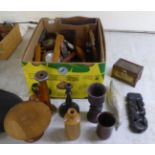 Various wood worked artefacts and ornaments: to include carved birds; hollowware; candlesticks and