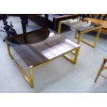 Two modern lacquered brass framed coffee tables with smokey tinted glass tops  14"h  36"sq and 19"h