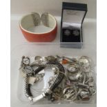 Modern silver and white metal items of personal ornament: to include a snakeskin covered bangle; and