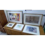 Five watercolours: to include Simon Jones - a study of a bedroom  bears a signature  14" x 22"