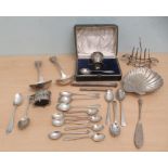 Silver items: to include two 19thC fiddle pattern sauce ladles; a shell design butter dish, on