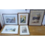 Five watercolours: to include Albert Rosser - Grasmere Lake  watercolour  bears a signature  10" x
