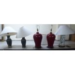 Two pairs and one dissimilar china table lamps  various styles and forms  largest 16"h