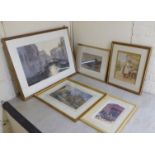 Five watercolours: to include a Venetian canal scene  14" x 22"  framed