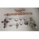 Silver and white metal and other coloured metal costume jewellery: to include rings and a 9ct gold